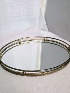 Vtg Oval Mirrored Vanity Perfume Tray MCM Modern Brass Look Rod & Ball 2 Rail